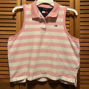 Tommy Hilfiger Pink and White Striped Sleeveless Cropped Polo Top